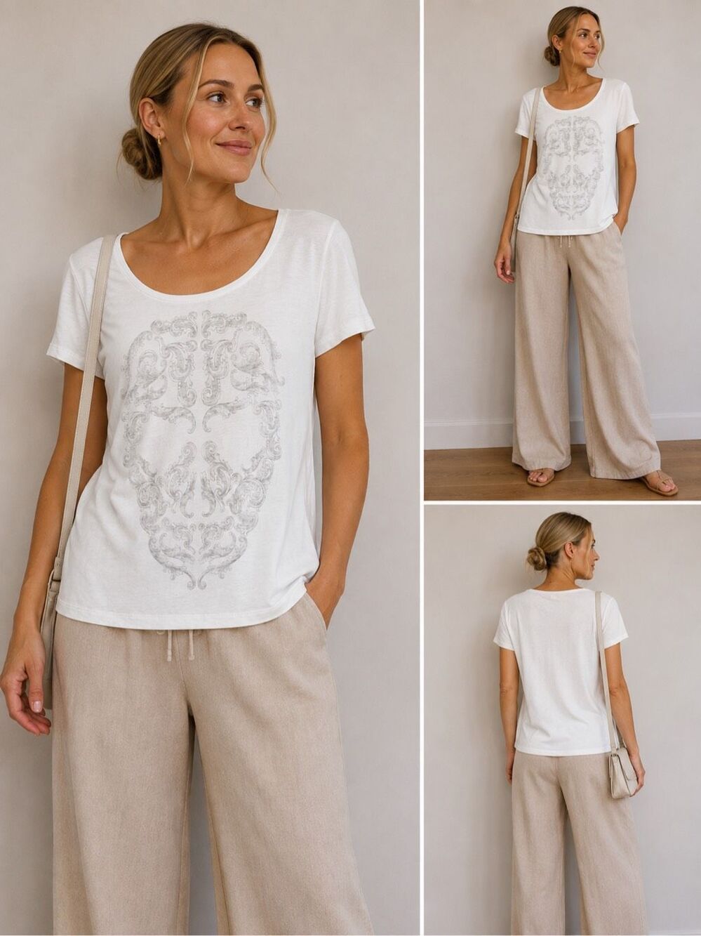 VILA White Graphic T Shirt Womens Size L Baroque Print Short Sleeve See Notes